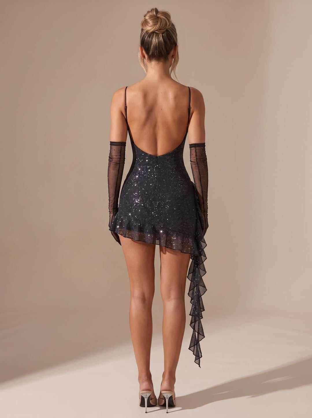 Women's Sparkly Black Sequin Christmas Party Mini Dress Ruffles