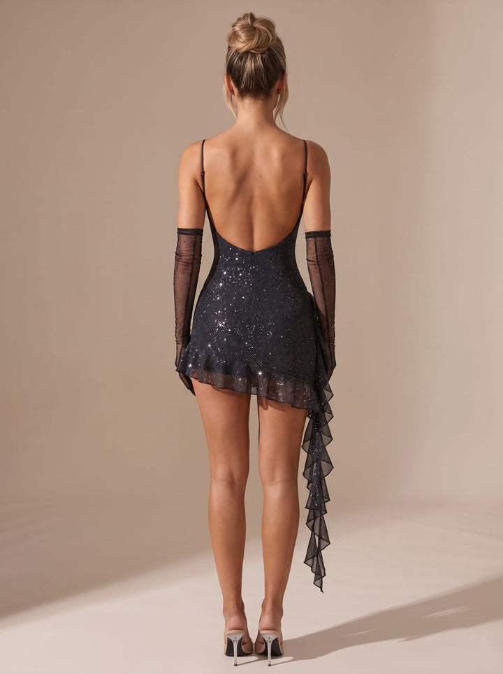 Women's Sparkly Black Sequin Christmas Party Mini Dress Ruffles