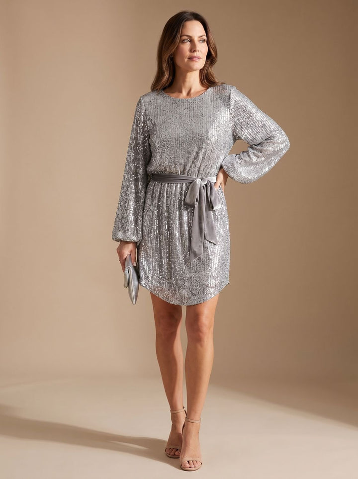Women's Sparkly Sequin Mini Christmas Party Dress Balloon Sleeves Belt - Gray