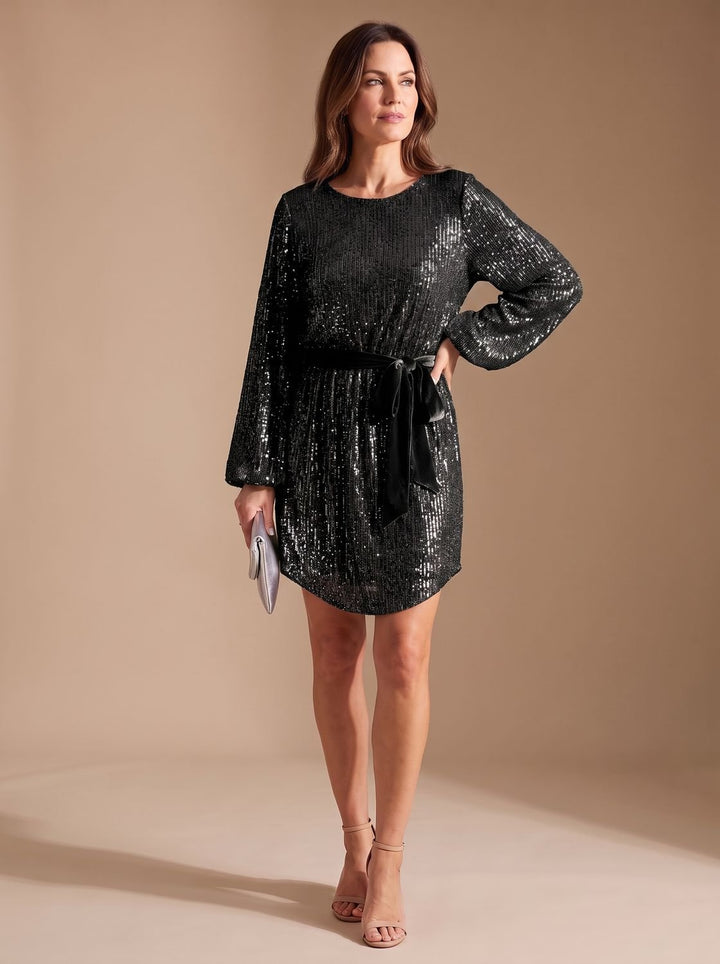 Women's Sparkly Sequin Mini Christmas Party Dress Balloon Sleeves Belt - Black