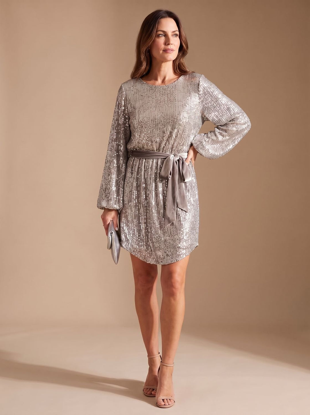 Women's Sparkly Sequin Mini Christmas Party Dress Balloon Sleeves Belt - White