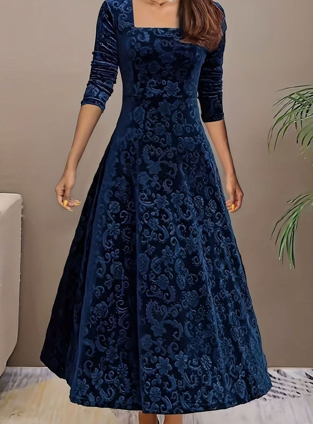 Women's Square Neck Velvet Floral Embossed A-Line Party Dress - Blue