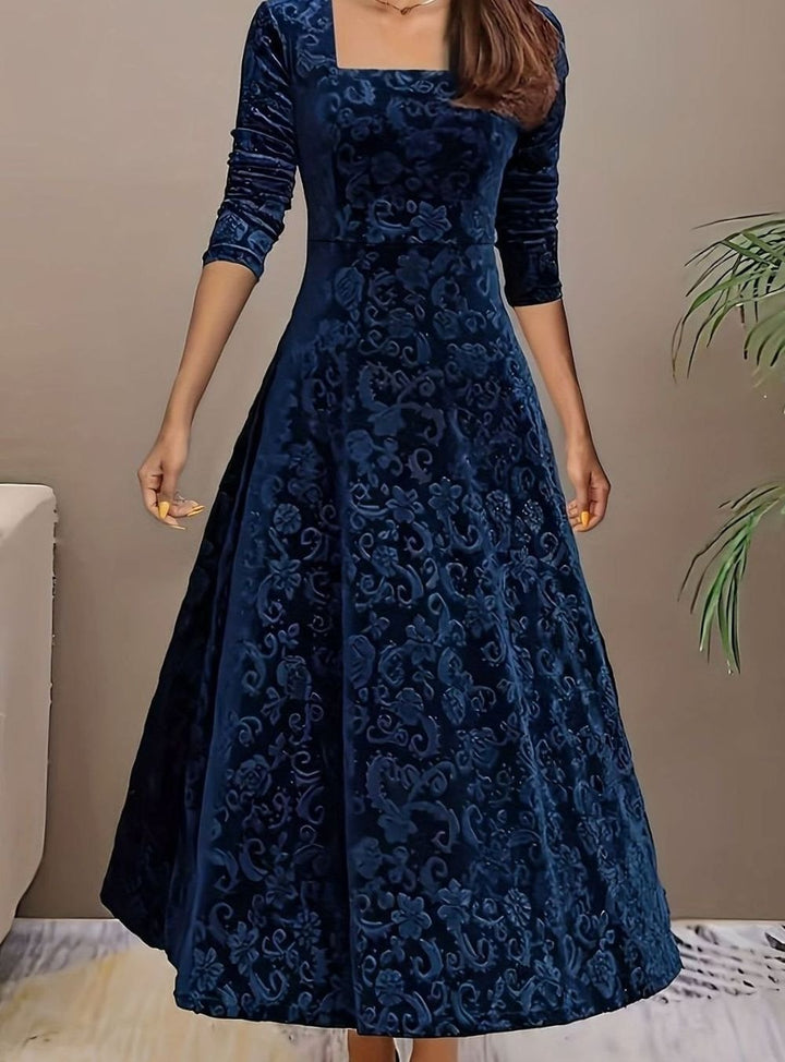 Women's Square Neck Velvet Floral Embossed A-Line Party Dress - Blue