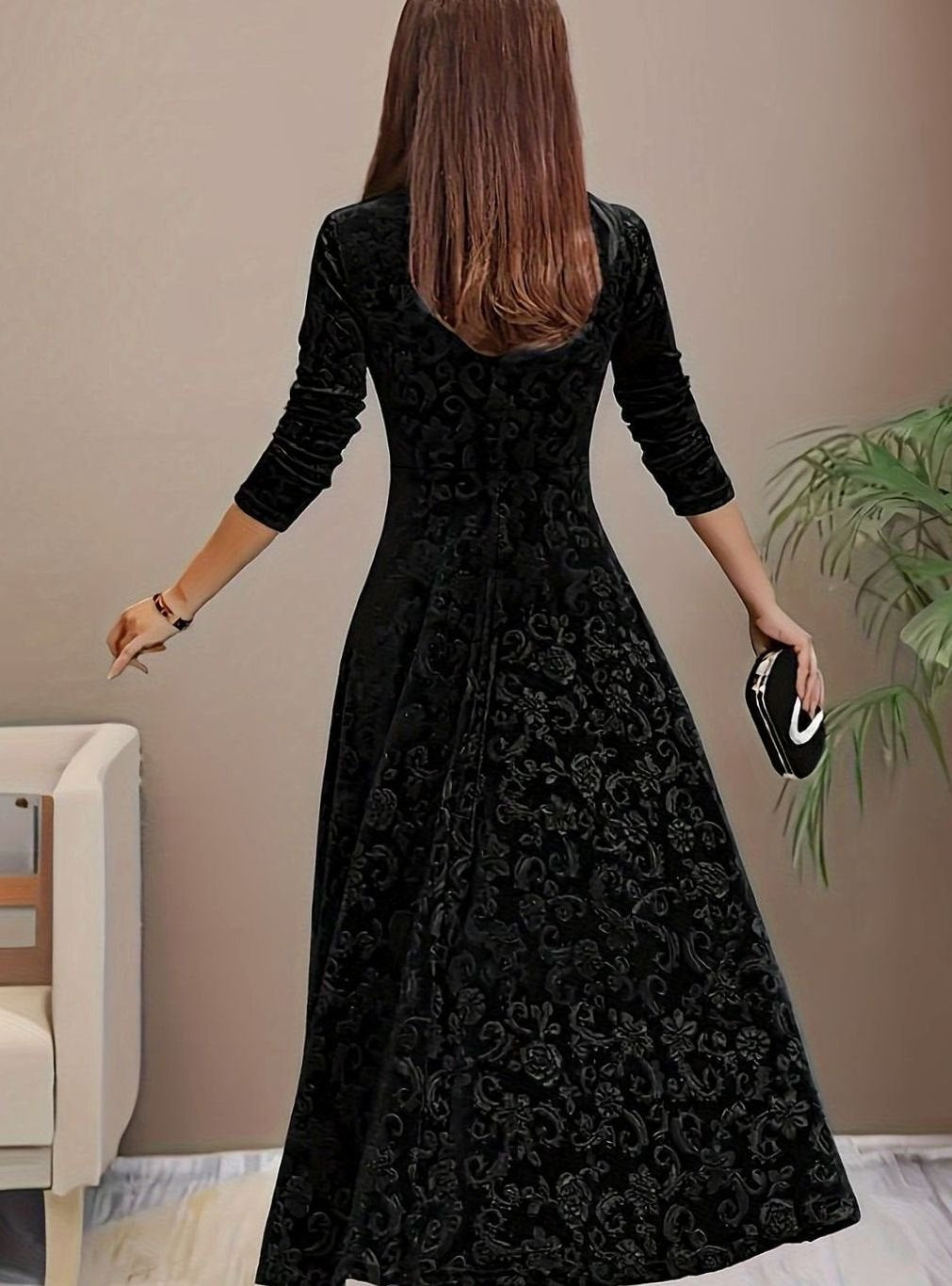Women's Square Neck Velvet Floral Embossed A-Line Party Dress