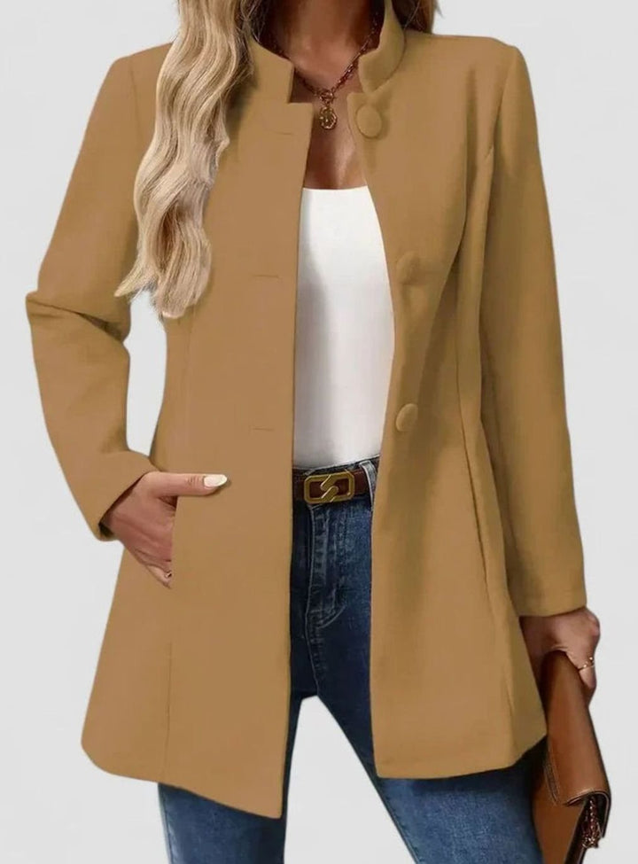 Women's Stand-Collar Button-Front Structured Blazer Jacket - Camel