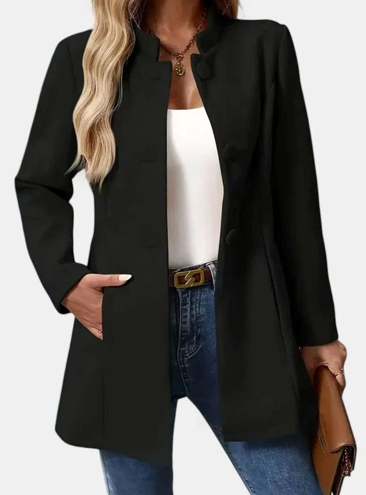 Women's Stand-Collar Button-Front Structured Blazer Jacket - Black