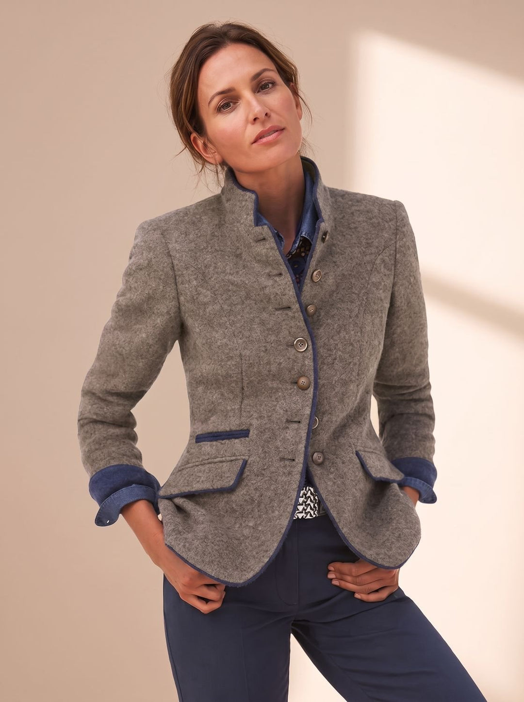 Women's Stand-Collar Button-Front Wool-Look Blazer Jacket - Caramel