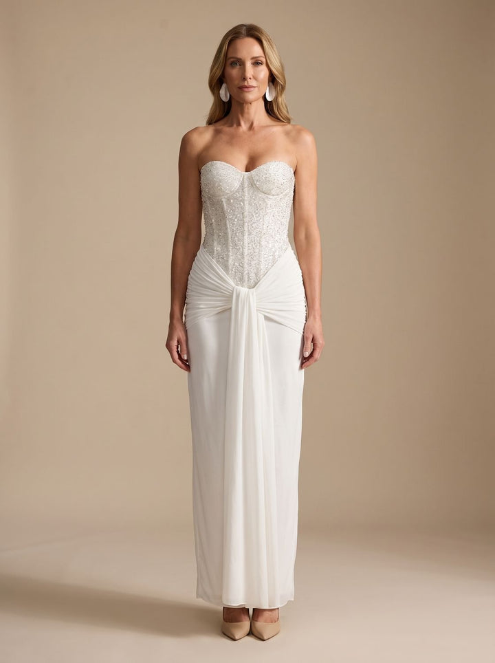 Women's Strapless Beaded Bodice Draped Maxi Gown - White