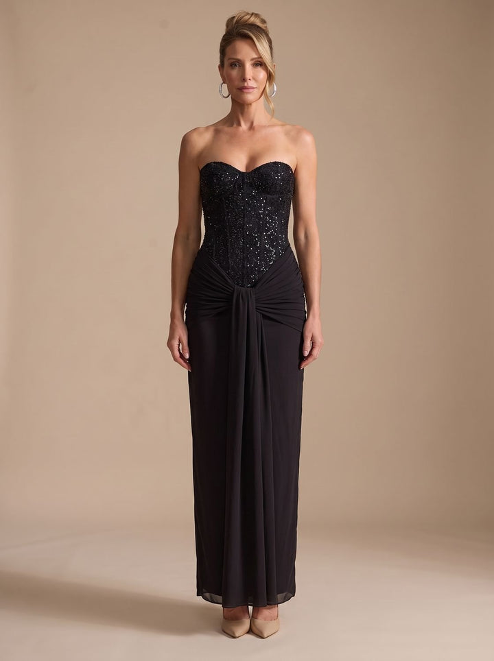 Women's Strapless Beaded Bodice Draped Maxi Gown