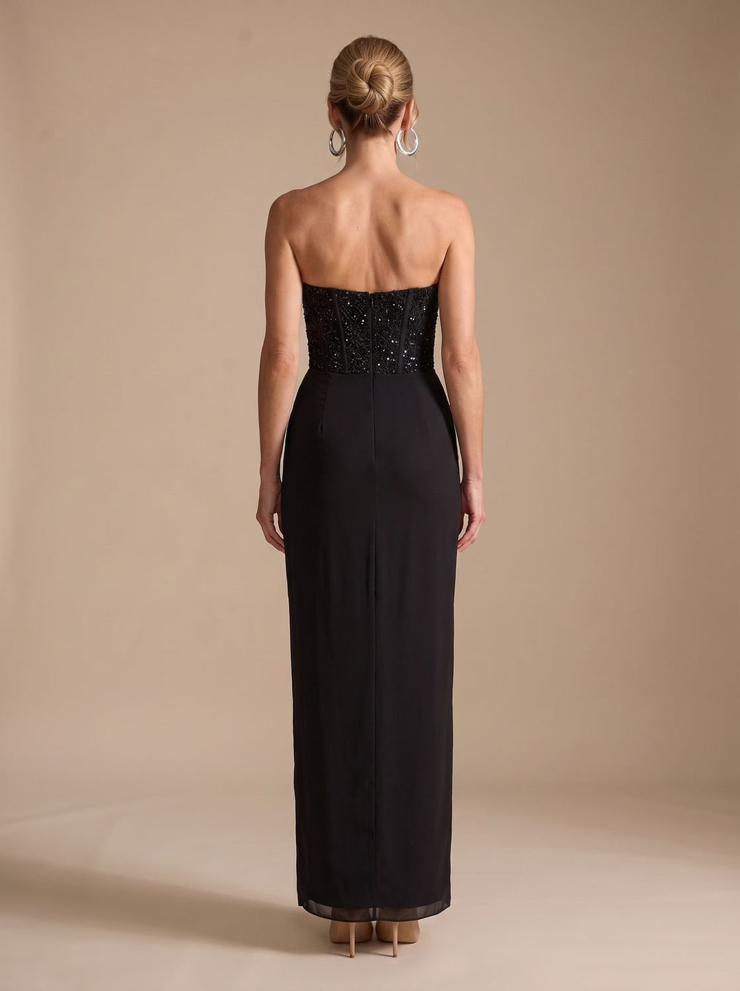 Women's Strapless Beaded Bodice Draped Maxi Gown