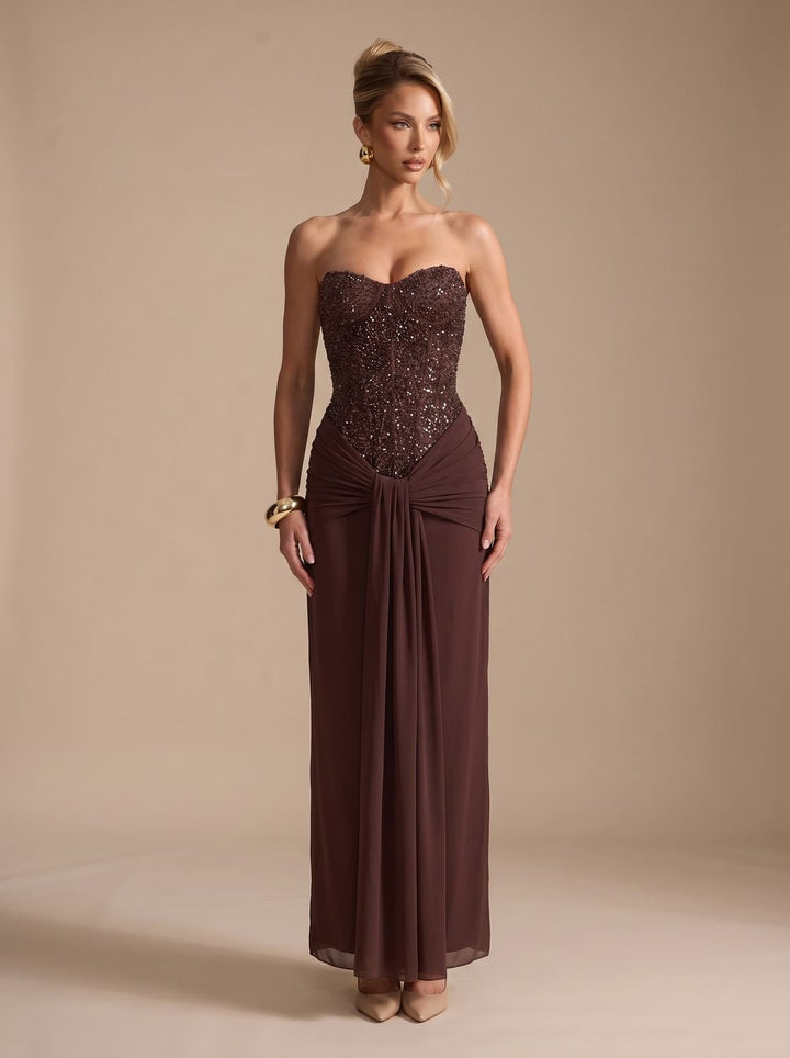 Women's Strapless Beaded Bodice Draped Maxi Gown - Dark Brown