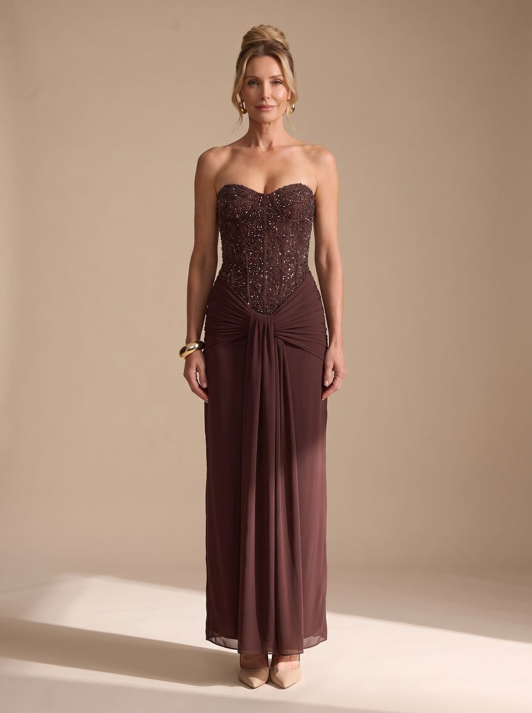 Women's Strapless Beaded Bodice Draped Maxi Gown