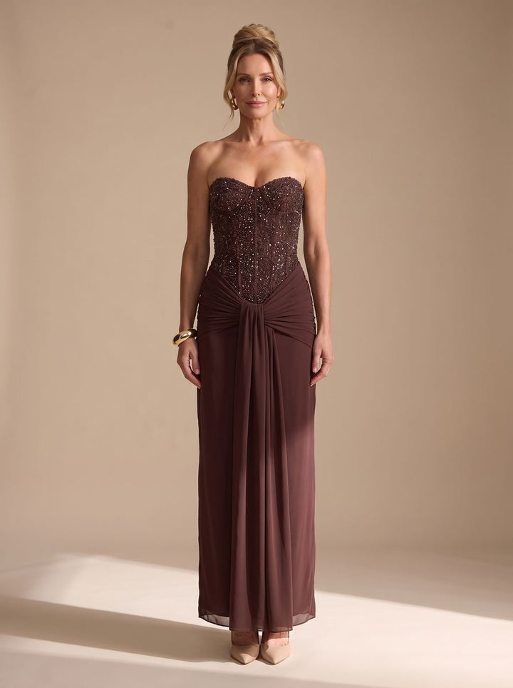 Women's Strapless Beaded Bodice Draped Maxi Gown