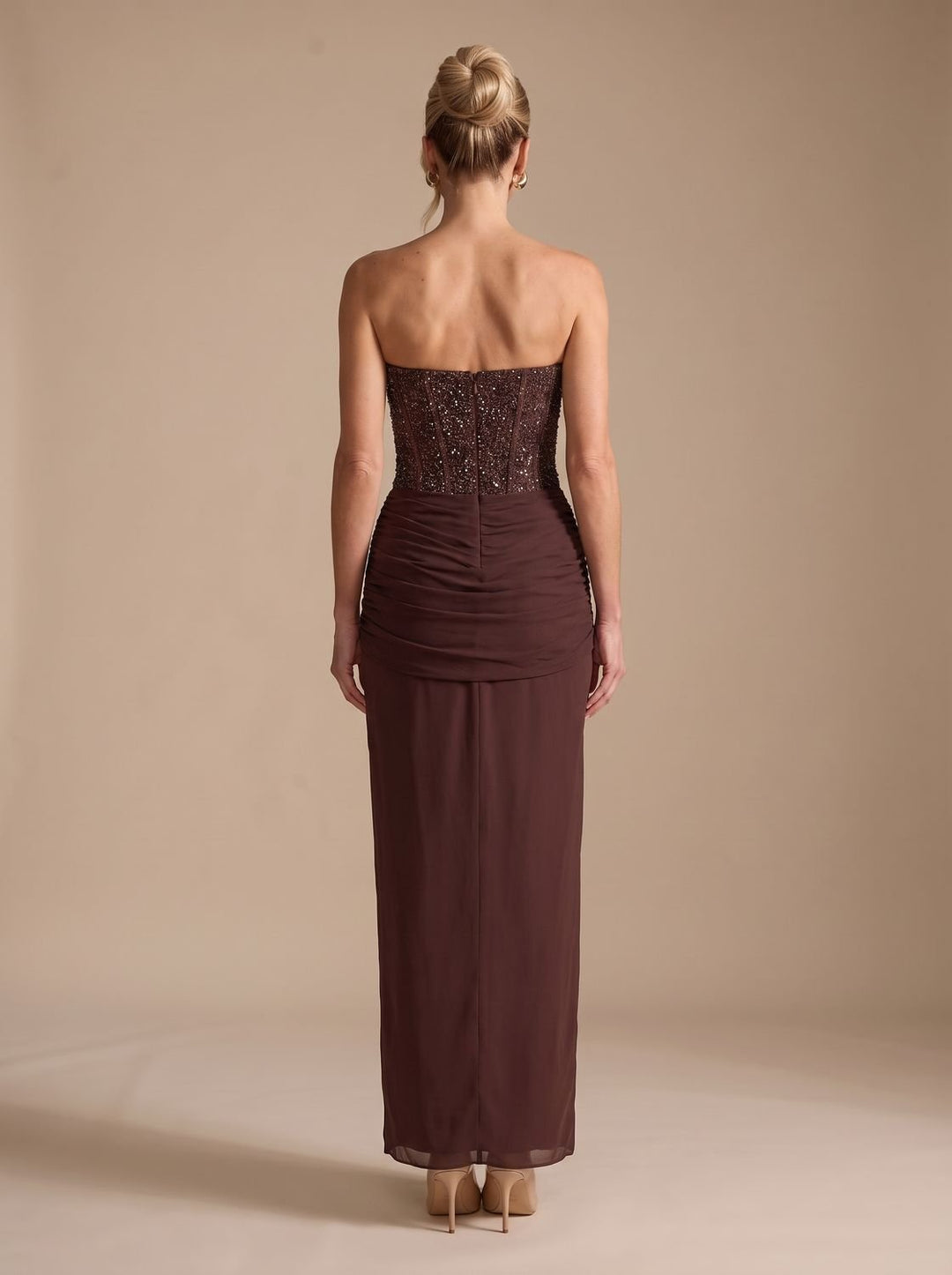 Women's Strapless Beaded Bodice Draped Maxi Gown