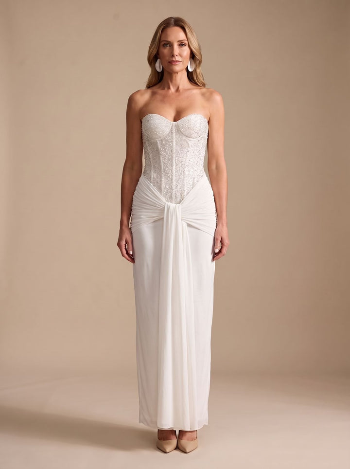 Women's Strapless Beaded Bodice Draped Maxi Gown