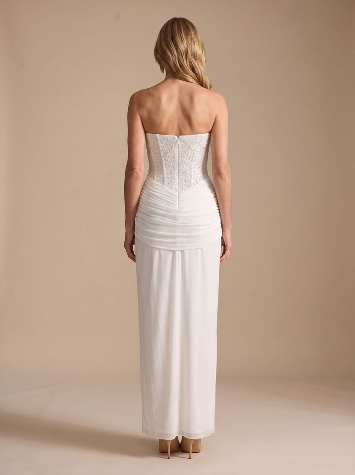 Women's Strapless Beaded Bodice Draped Maxi Gown