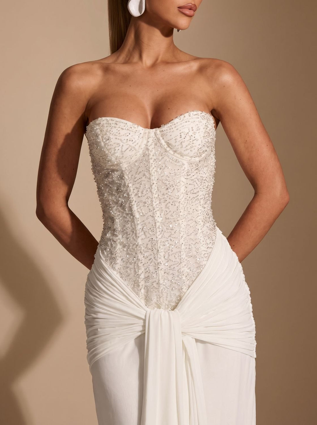 Women's Strapless Beaded Bodice Draped Maxi Gown