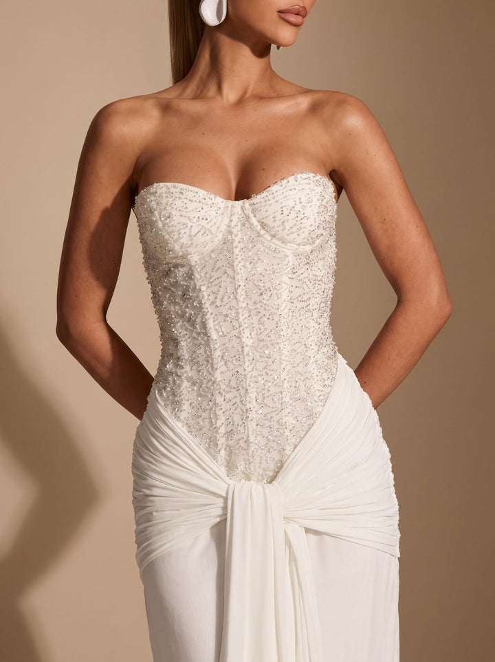 Women's Strapless Beaded Bodice Draped Maxi Gown