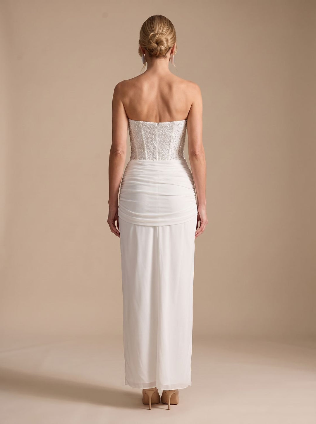 Women's Strapless Beaded Bodice Draped Maxi Gown