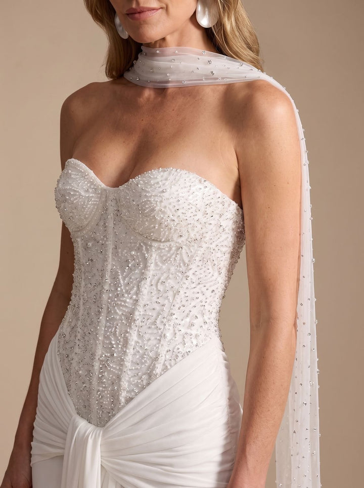 Women's Strapless Beaded Bodice Draped Maxi Gown
