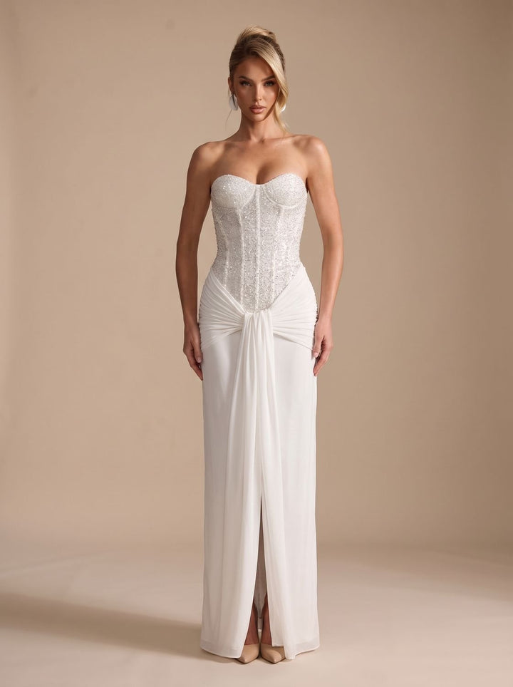 Women's Strapless Beaded Bodice Draped Maxi Gown