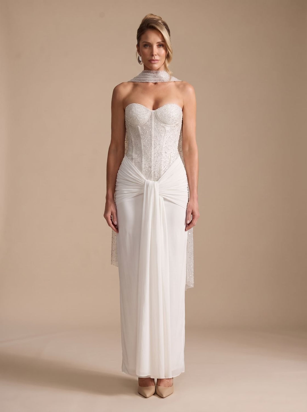 Women's Strapless Beaded Bodice Draped Maxi Gown