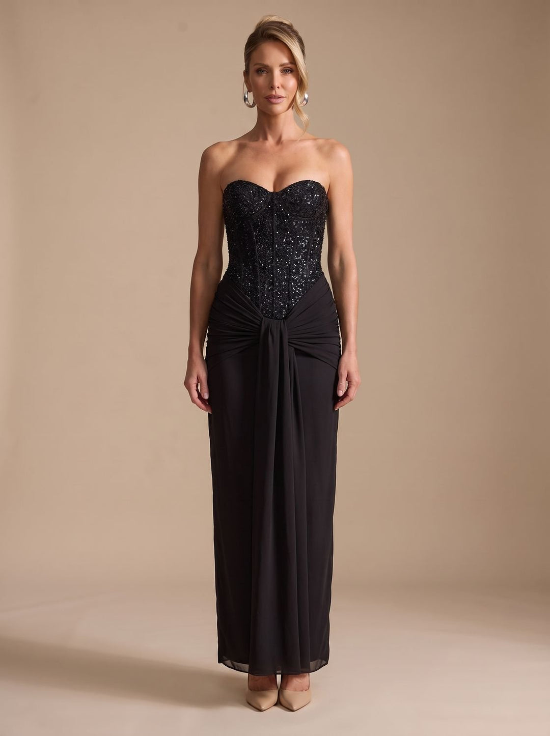 Women's Strapless Beaded Bodice Draped Maxi Gown - Black