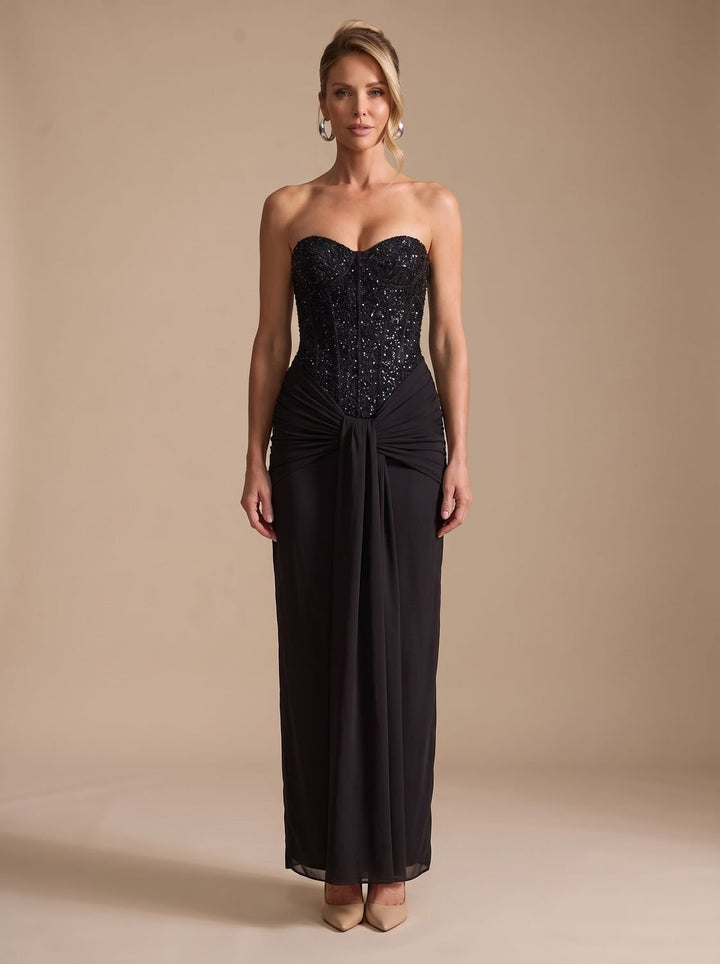 Women's Strapless Beaded Bodice Draped Maxi Gown - Black
