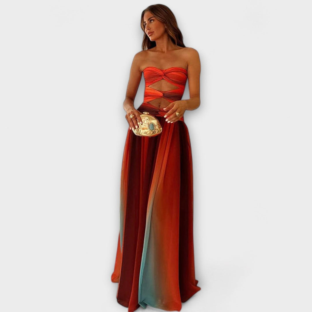 Women's Strapless Cutout Gradient Flowy Maxi Dress