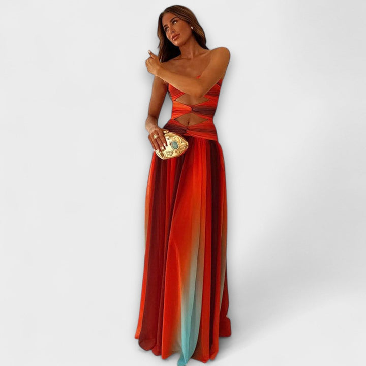 Women's Strapless Cutout Gradient Flowy Maxi Dress