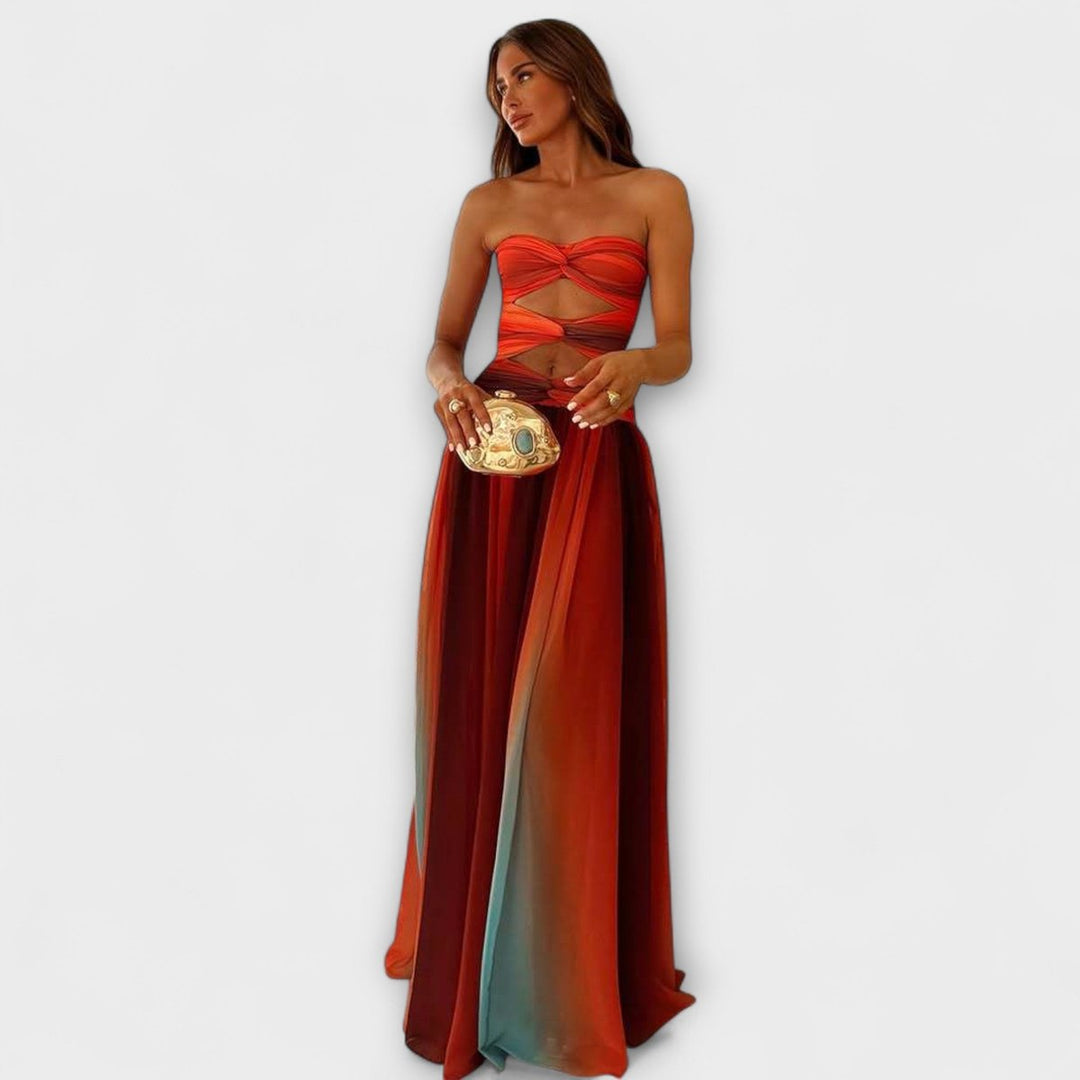 Women's Strapless Cutout Gradient Flowy Maxi Dress