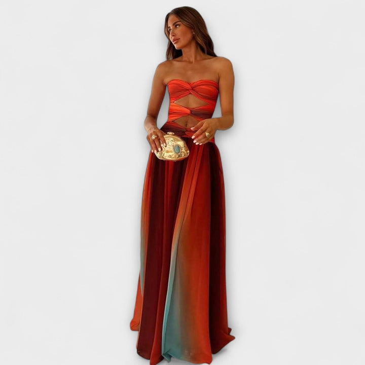 Women's Strapless Cutout Gradient Flowy Maxi Dress