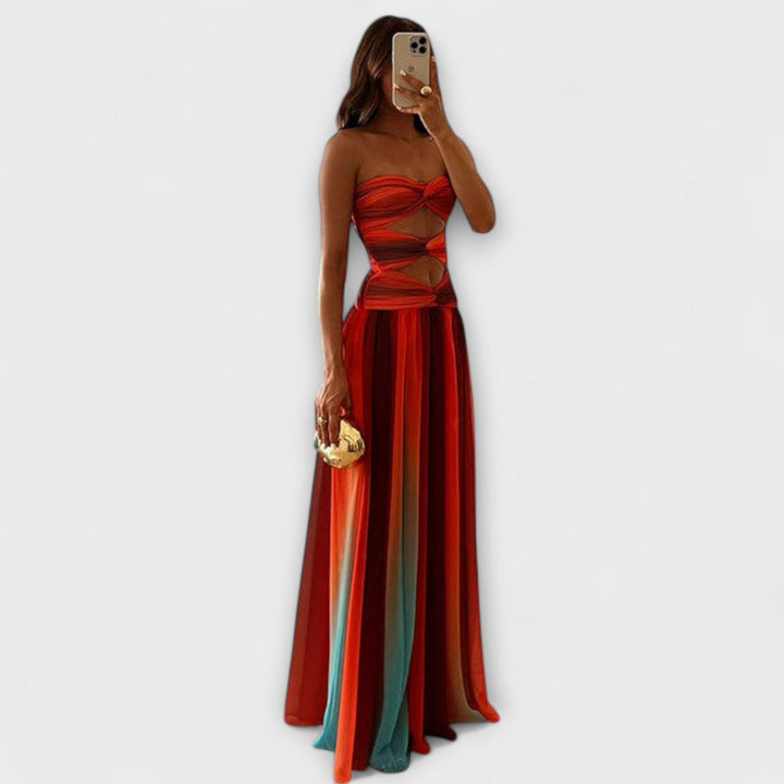 Women's Strapless Cutout Gradient Flowy Maxi Dress
