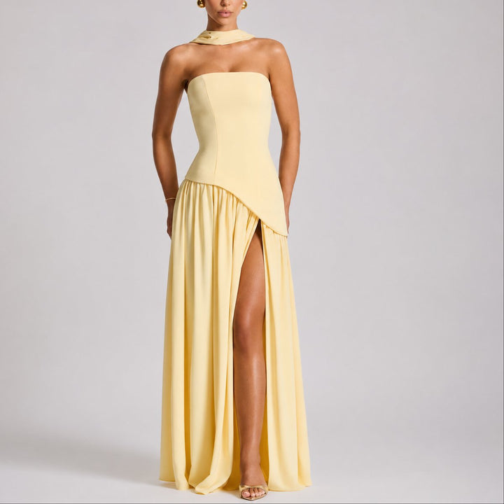 Women's Strapless Open-Back Scarf-Neck Maxi Fall Wedding Guest Dress - Yellow