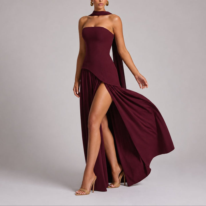 Women's Strapless Open-Back Scarf-Neck Maxi Fall Wedding Guest Dress - Red