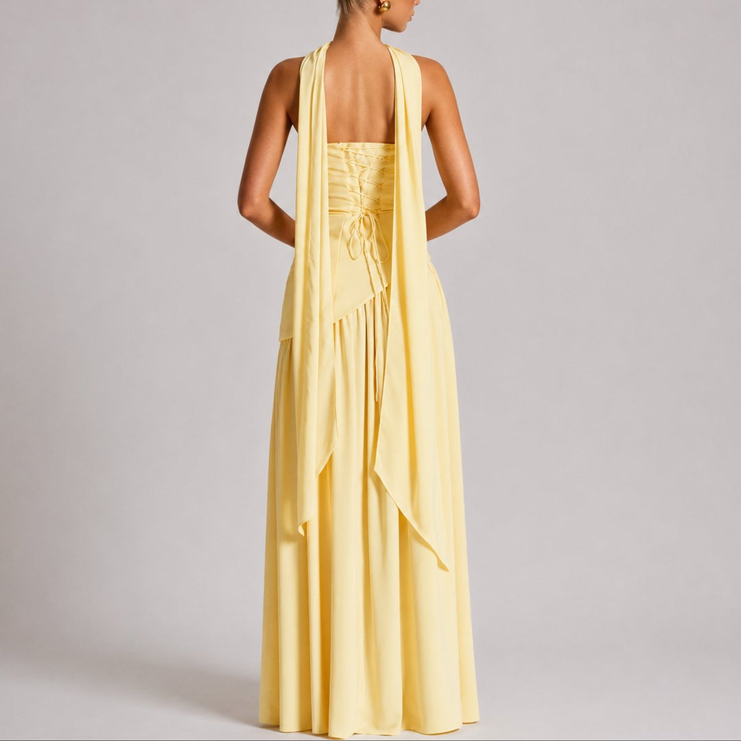 Women's Strapless Open-Back Scarf-Neck Maxi Fall Wedding Guest Dress