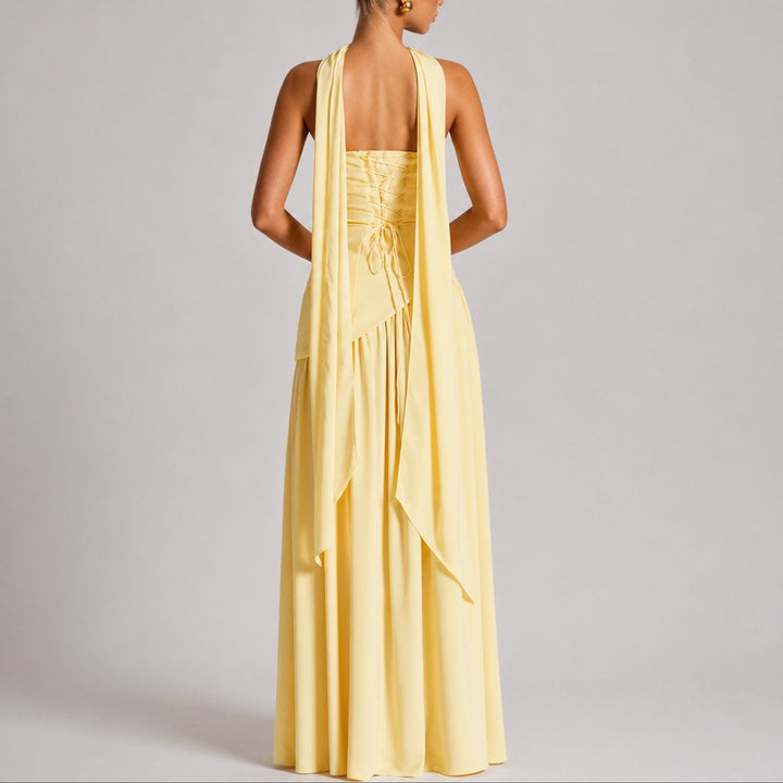 Women's Strapless Open-Back Scarf-Neck Maxi Fall Wedding Guest Dress