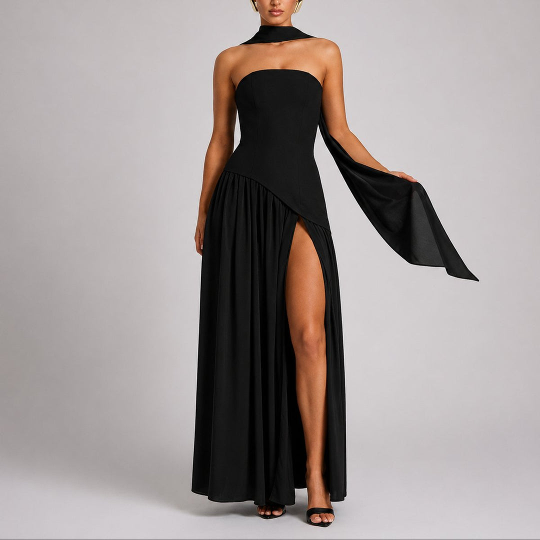 Women's Strapless Open-Back Scarf-Neck Maxi Fall Wedding Guest Dress - Black