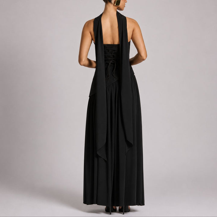 Women's Strapless Open-Back Scarf-Neck Maxi Fall Wedding Guest Dress