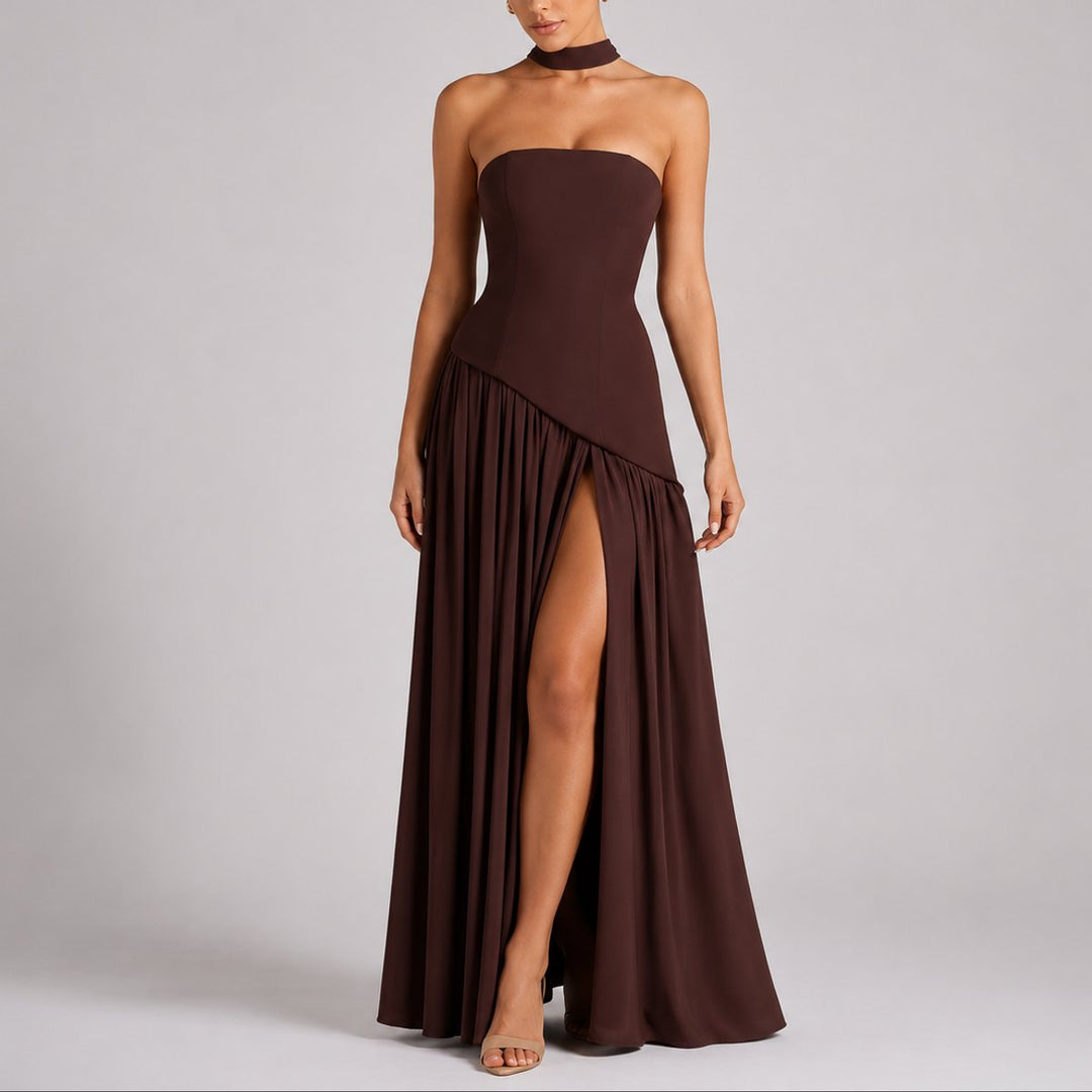 Women's Strapless Open-Back Scarf-Neck Maxi Fall Wedding Guest Dress - Brown