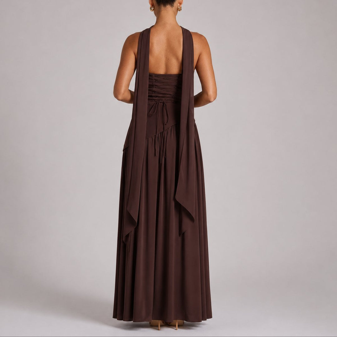 Women's Strapless Open-Back Scarf-Neck Maxi Fall Wedding Guest Dress