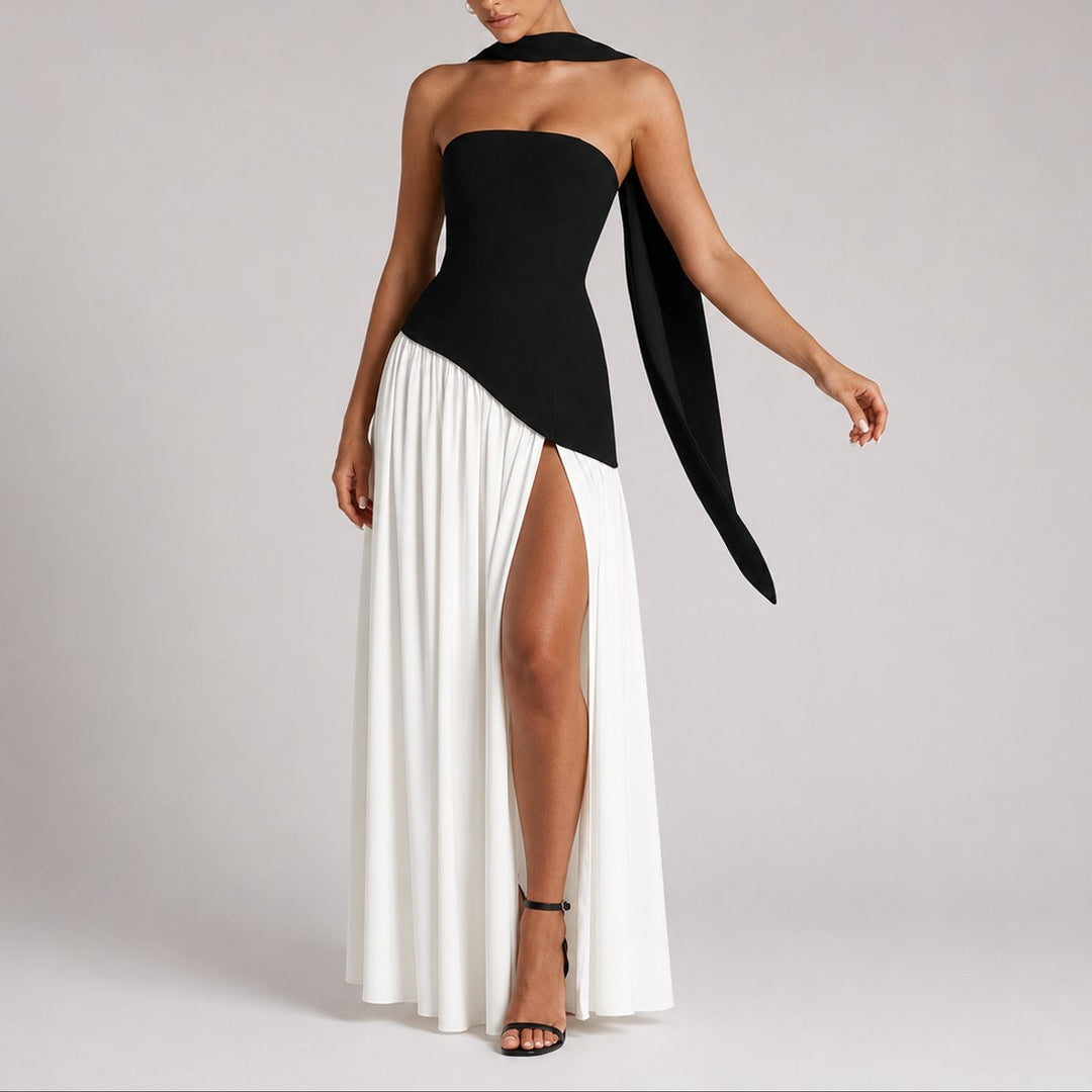 Women's Strapless Open-Back Scarf-Neck Maxi Fall Wedding Guest Dress - White