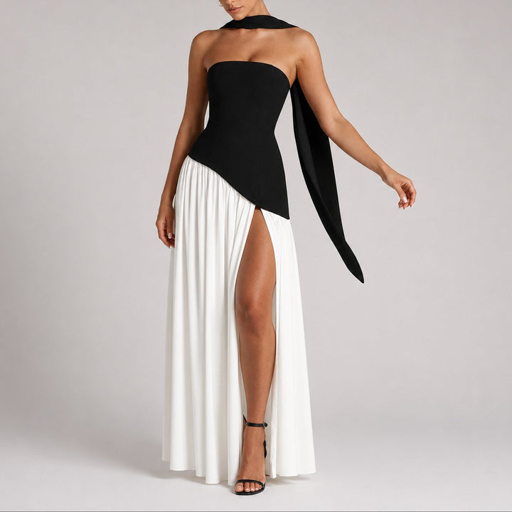 Women's Strapless Open-Back Scarf-Neck Maxi Fall Wedding Guest Dress - White