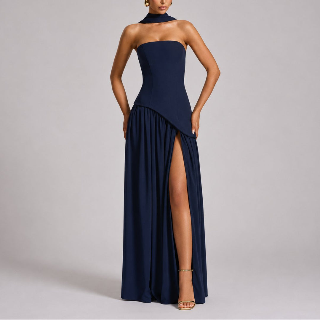 Women's Strapless Open-Back Scarf-Neck Maxi Fall Wedding Guest Dress - Navy