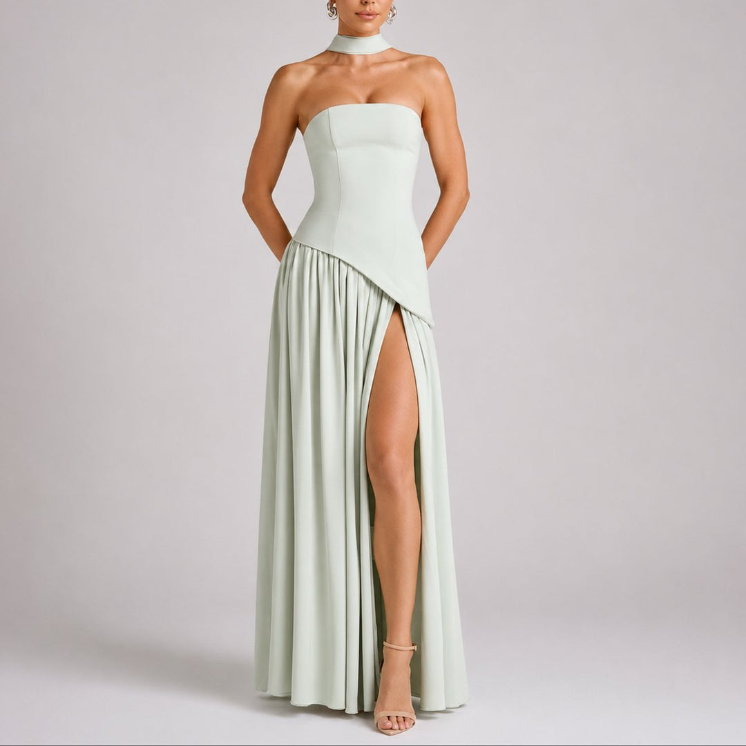 Women's Strapless Open-Back Scarf-Neck Maxi Fall Wedding Guest Dress - Light Green
