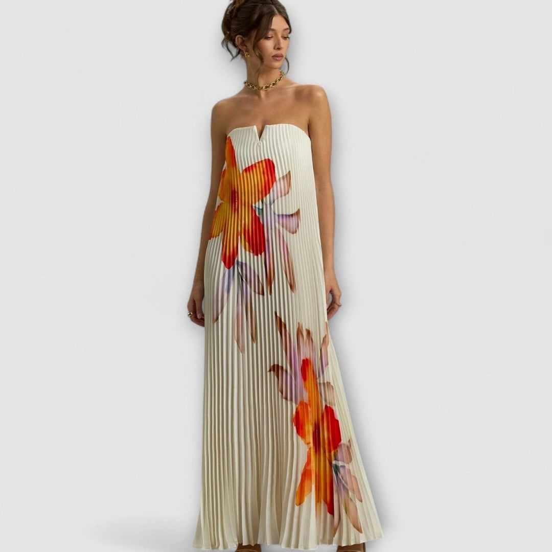 Women's Strapless Pleated Metallic Sweetheart Maxi Dress - Orange Floral