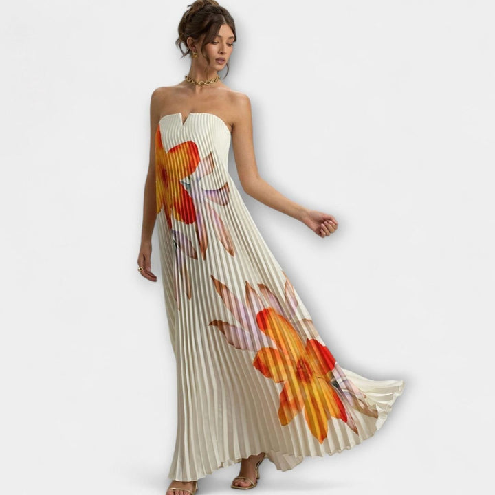 Women's Strapless Pleated Metallic Sweetheart Maxi Dress