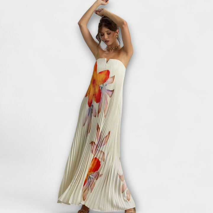 Women's Strapless Pleated Metallic Sweetheart Maxi Dress