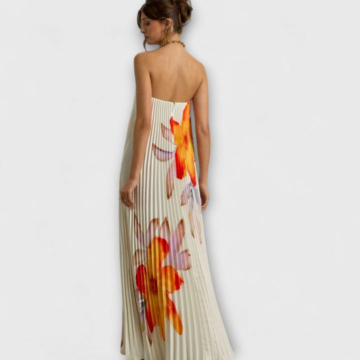 Women's Strapless Pleated Metallic Sweetheart Maxi Dress
