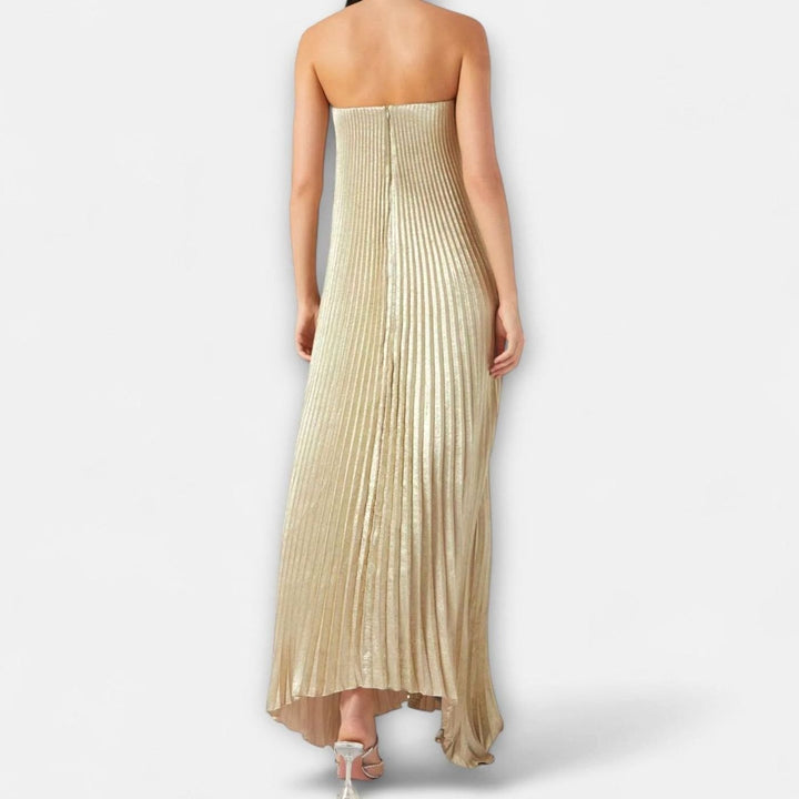 Women's Strapless Pleated Metallic Sweetheart Maxi Dress
